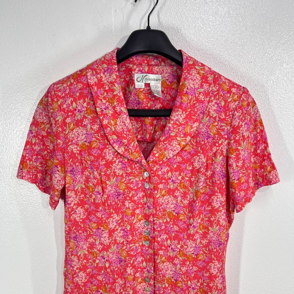 Vtg. Dressbarn Floral Print Button Front Midi Dress Women‎ 10 Pink Short Sleeve - Picture 5 of 10